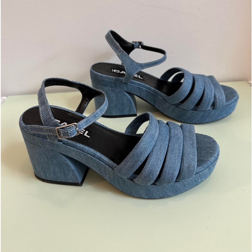 Denim Blue Strappy Block Heel Sandals - Women's
